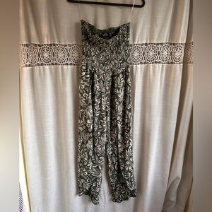 Angie Olive & Cream Leaf-Print Smocked Jumpsuit